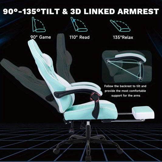 Ergonomic Racing Style Gaming Chair with Massage Lumbar Support & Footrest - Adjustable Headrest, 5-Wheel Base, No Power Required, Green Computer Desk Chair for Adults, Sleek Interior Lighting, Comfortable Seating