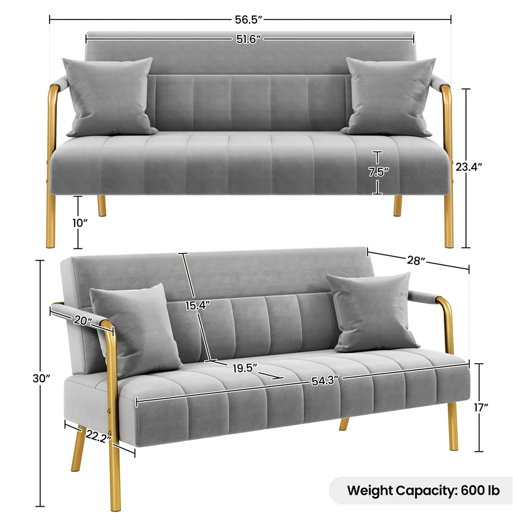 Costoffs Velvet Fabric Sofa Couch, 56.5″ W Modern Loveseat Couch with Gold-tone Metal Arms, Legs & 2 Pillows, Sofa for Living Room, Bedroom Furniture, Pink\u002FGreen\u002FGray
